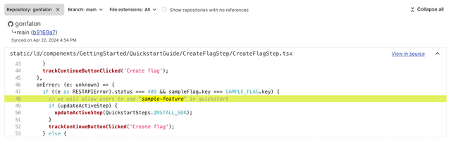 The code references section of a feature flag.