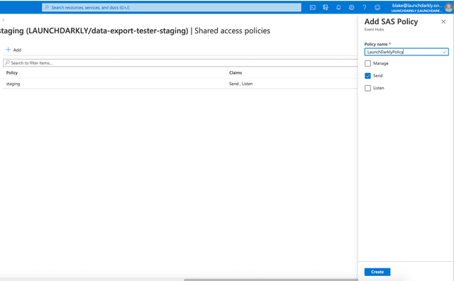 A new policy with the Send permission enabled, configured in Azure Event Hub.