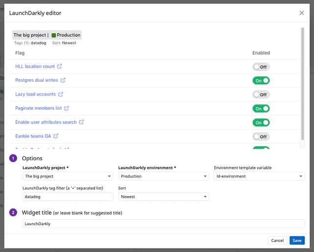 The LaunchDarkly editor configuration page in Datadog, configured with sample settings.