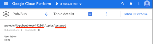 The projectId and topicId in the Google Cloud Pub/Sub topic list.