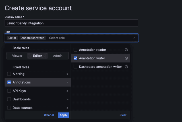 The "Create service account" page with the "Annotation writer" role selected.