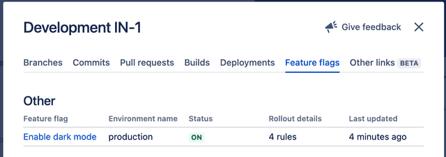 The "Feature flags" tab of a Jira issue displaying the flag's information and status.