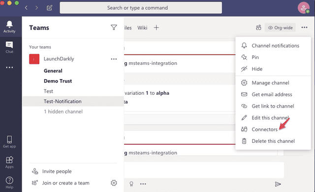 The Microsoft Teams dashboard with the "Connectors" option called out.