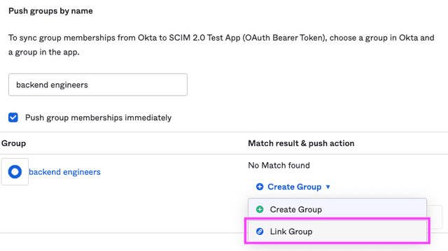 Linking a group to an existing LaunchDarkly team in Okta.