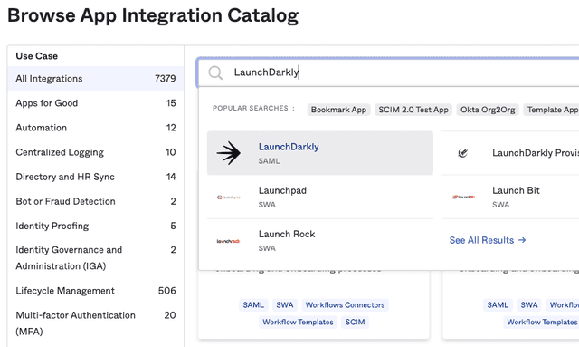The "Browse App Integration Catalog" screen in Okta, with search results populating.