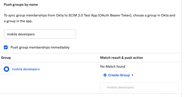 The "Push groups by name" screen in Okta.