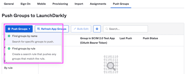 The "Push Groups" tab within the LaunchDarkly Okta application.