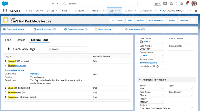The Salesforce Case Page with the LaunchDarkly integration enabled.