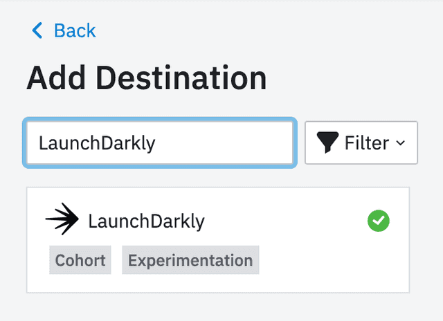 The "Add Destination" list with LaunchDarkly called out.