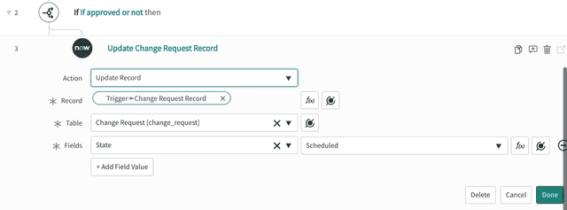 A ServiceNow update change request record action that moves the "State" to "Scheduled."