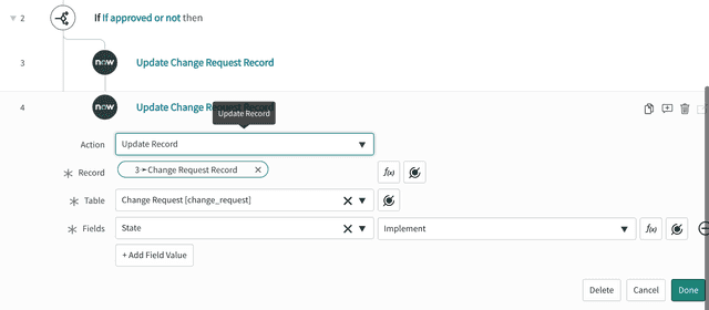 A ServiceNow update change request record action that moves the "State" to "Implemented."