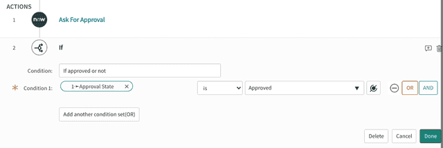 A ServiceNow if condition configured for change request approvals.