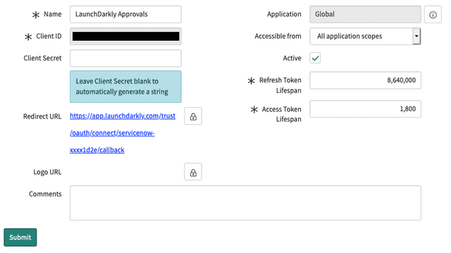 The ServiceNow external client endpoint registration form with the Redirect URL configured.