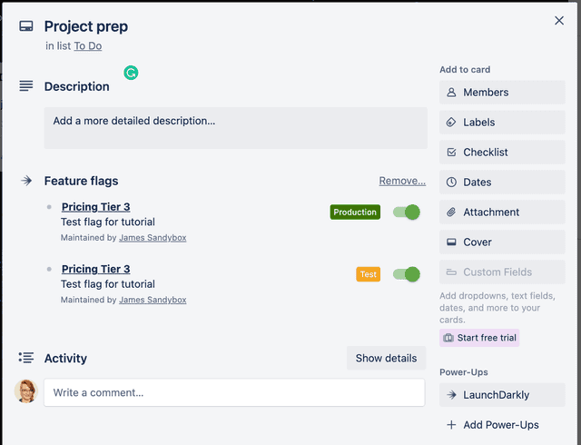 Feature flags in a Trello card.