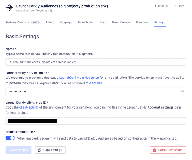 The LaunchDarkly Audiences destination "Basic settings" page in Twilio Segment.
