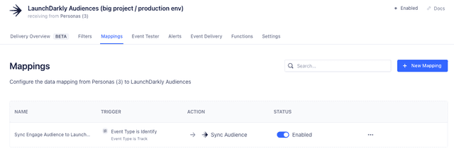 The "Mappings" tab of the LaunchDarkly Audiences page in Twilio segment with the "Sync Engage Audience to LaunchDarkly mapping" enabled.