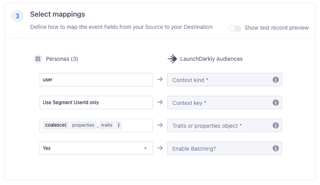 The "Select mappings" section of the "Edit: Sync Engage Audience to LaunchDarkly" in Twilio Segment configured with recommended settings.