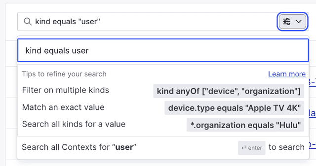 A search query for "user" context kinds.