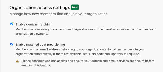 Organization access settings with matched seat provisioning enabled.