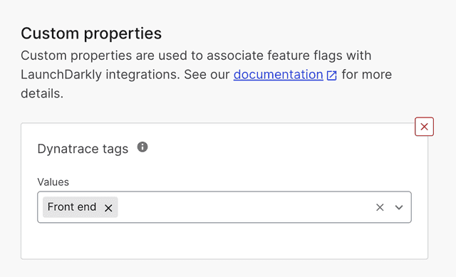 The "Custom Properties" section of a flag page, shown with a Dynatrace tag.