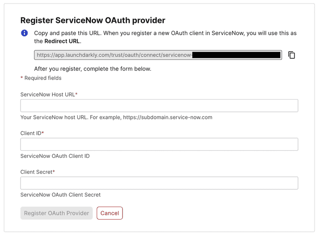 LaunchDarkly's ServiceNow OAuth provider registration form.