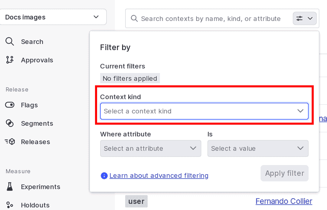 The "Filter by" dialog on the "Contexts" list, with context kind filters called out.