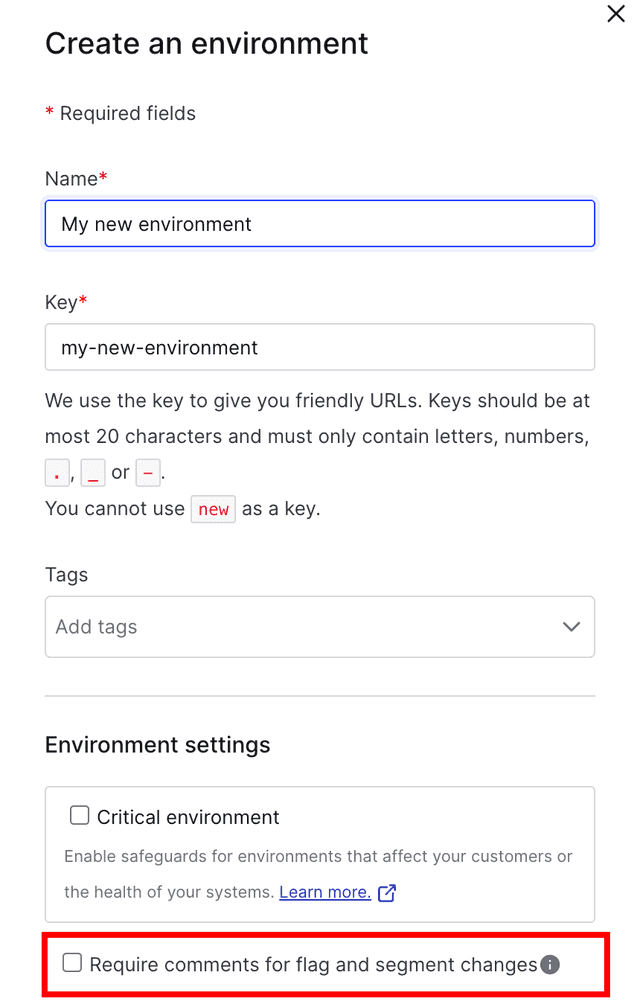 The "Create an environment" panel with the "Require comments" checkbox called out.