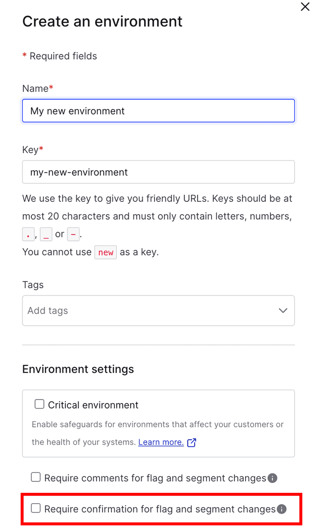 The "Create an environment" panel with the "Require confirmation" checkbox called out.