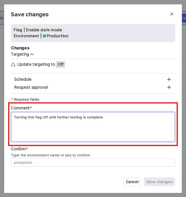 The "Save changes" dialog with the "Comment" field called out.