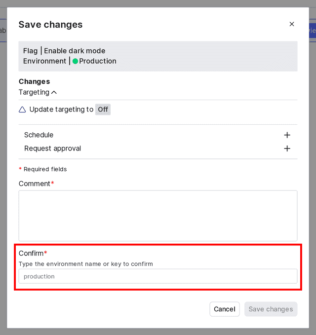 The "Save changes" dialog with the "Confirm" field called out.