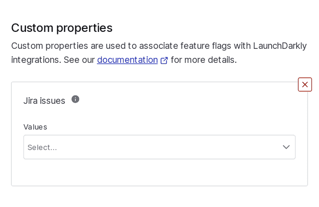 A flag's custom property configuration fields, for the existing "Jira issues" property.