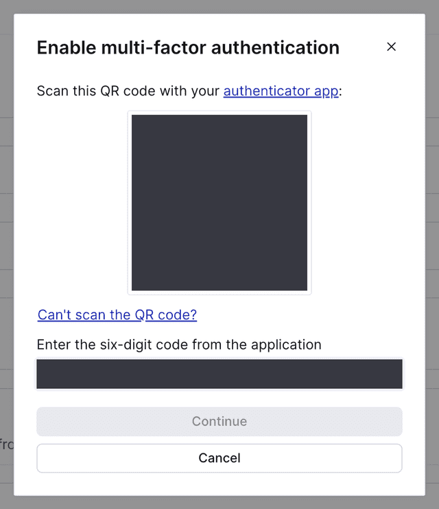 The "Enable multi-factor authentication" dialog with an obscured six digit code.