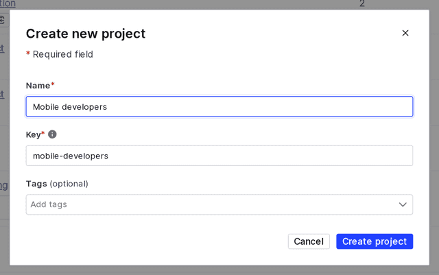 The "Create new project" dialog.