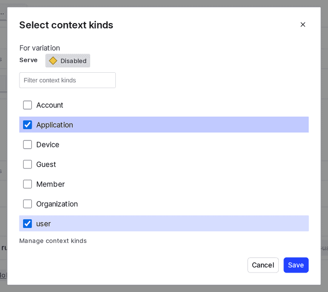 The "Select context kinds" dialog with two context kinds selected.
