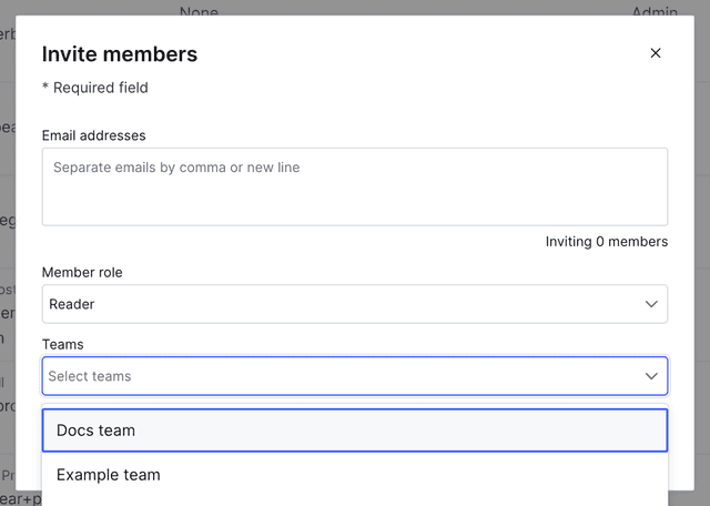 The "Invite members" dialog with the "Teams" menu open.