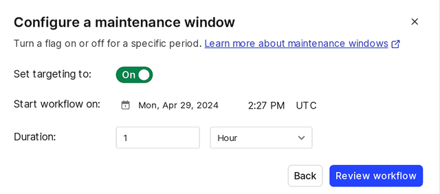 The "Configure maintenance window" workflow dialog.