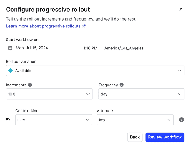 The "Configure progressive rollout" workflow dialog.