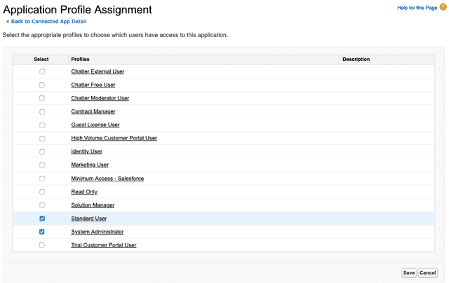 The "Application Profile Assignment" screen, configured for two example profiles.