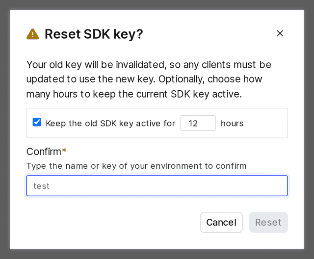 The SDK key reset dialog.