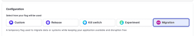 The "Configuration" panel of the flag creation page, with the "Migration" option selected.