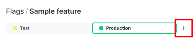 The flag targeting page with the "+" icon to add environments called out.