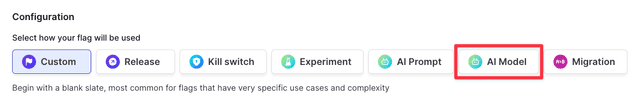 The "Configuration" section of the "Create new flag" page, with "AI model" called out.