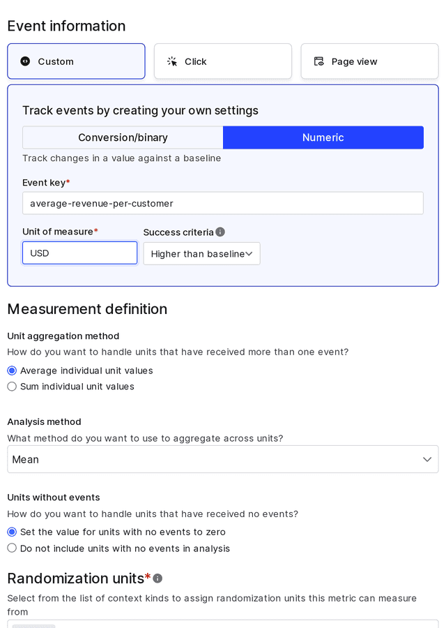 The "Event information" section of a custom numeric metric.