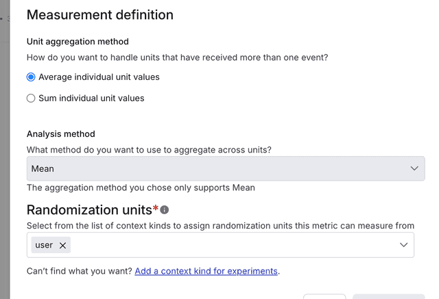 The "Metric information" panel with the randomization unit mapping field called out.