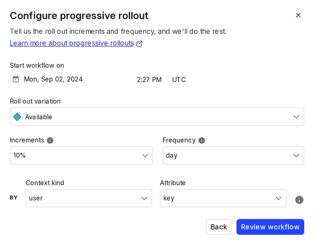 The "Configure progressive rollout" workflow dialog.