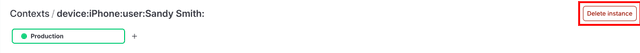A context instance detail page with the "Delete" button called out.