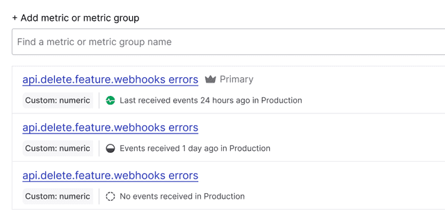 The "Select metrics" step of a new experiment.