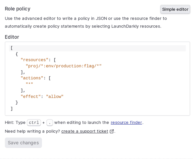 The "Edit Datadog configuration" panel with the Advanced editor open and a policy inside it.