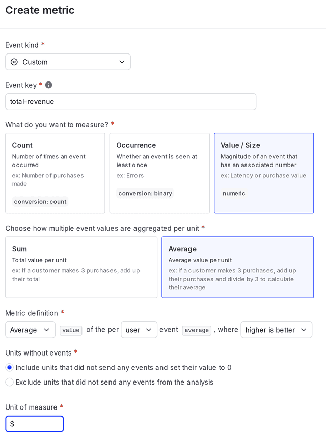 The "Create metric" dialog for a custom numeric metric.