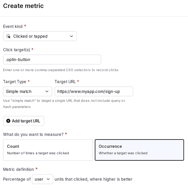 The "Create metric" dialog for a click conversion metric.